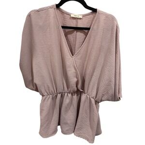 Entro V Neck Dolman Sleeve Peplum Blouse Pink‎ Size Large Wrinkle Texture